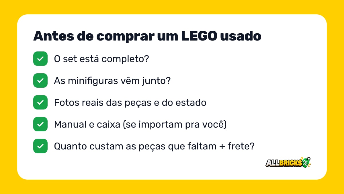 Checklist antes de comprar um LEGO usado: set completo, minifiguras, fotos reais, manual e caixa, custo das peças que faltam