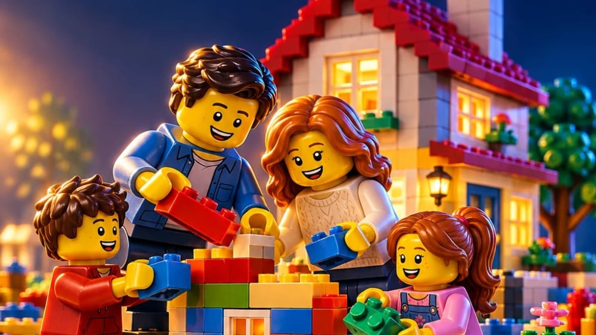 Família de minifiguras LEGO montando uma casa, com o título 5 formas de economizar na hora de comprar LEGO