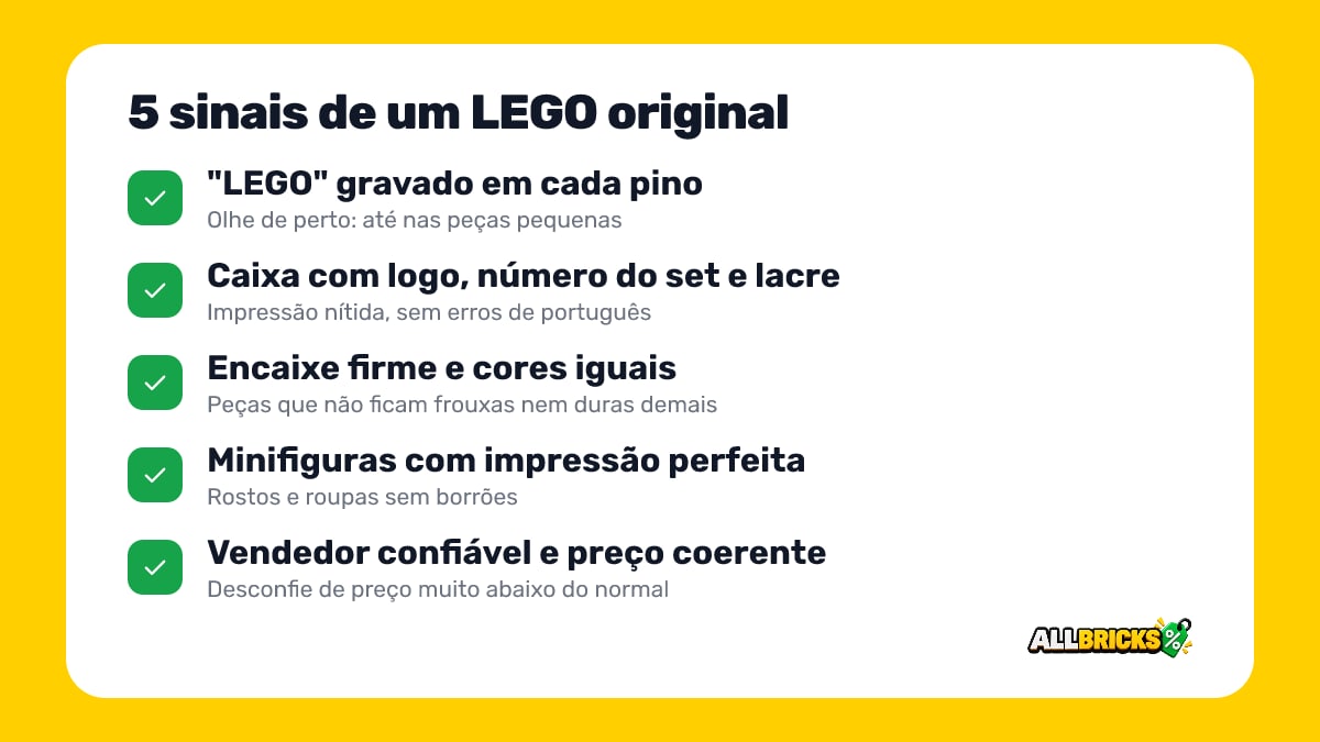 5 sinais de um LEGO original: LEGO gravado nos pinos, caixa com logo e número, encaixe firme, minifiguras bem impressas e vendedor confiável
