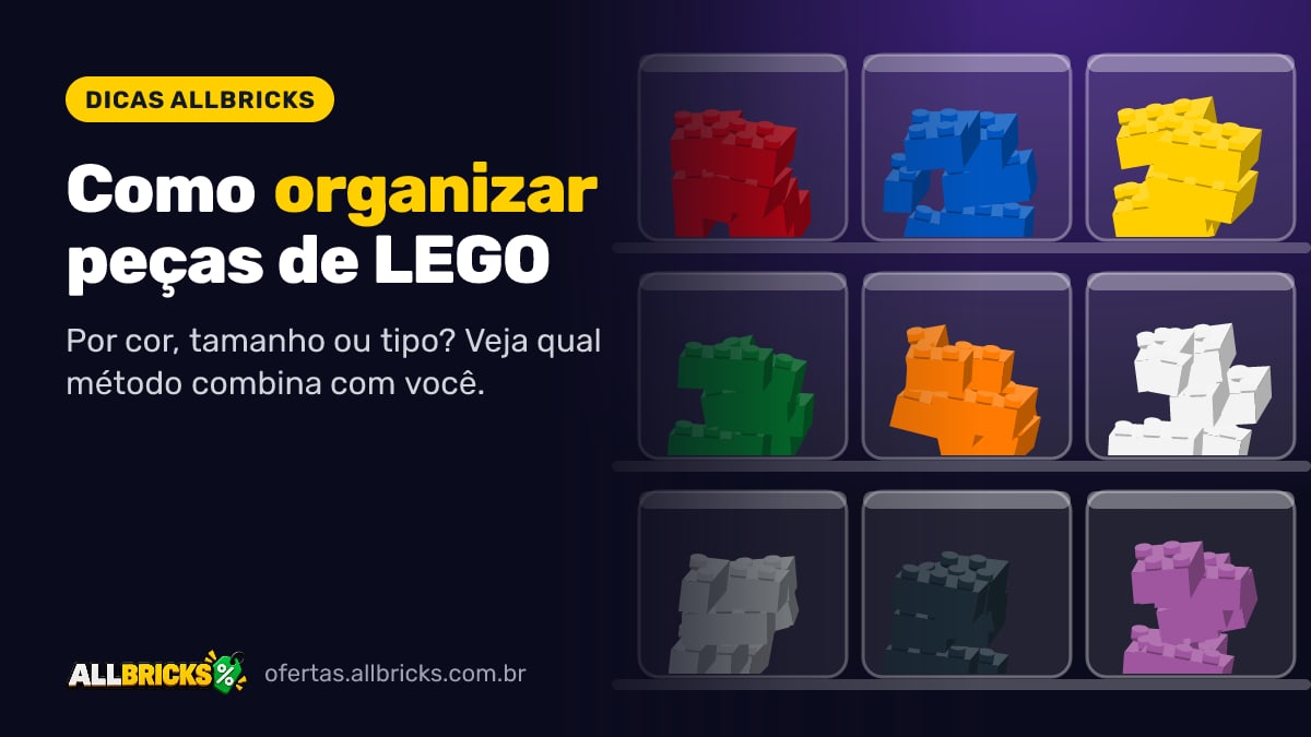 Estante com potes transparentes de peças de LEGO separadas por cor