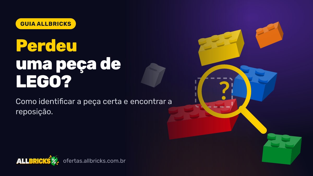Peças de LEGO coloridas e uma lupa procurando a peça que falta