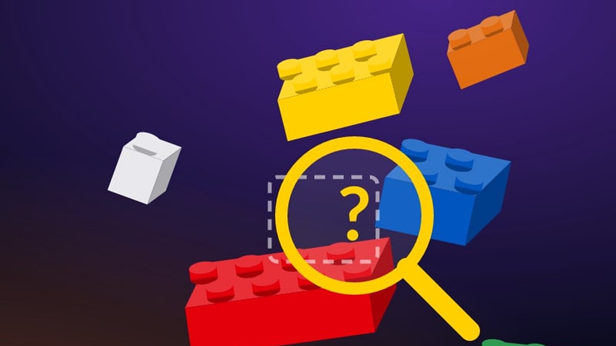 Peças de LEGO coloridas e uma lupa procurando a peça que falta